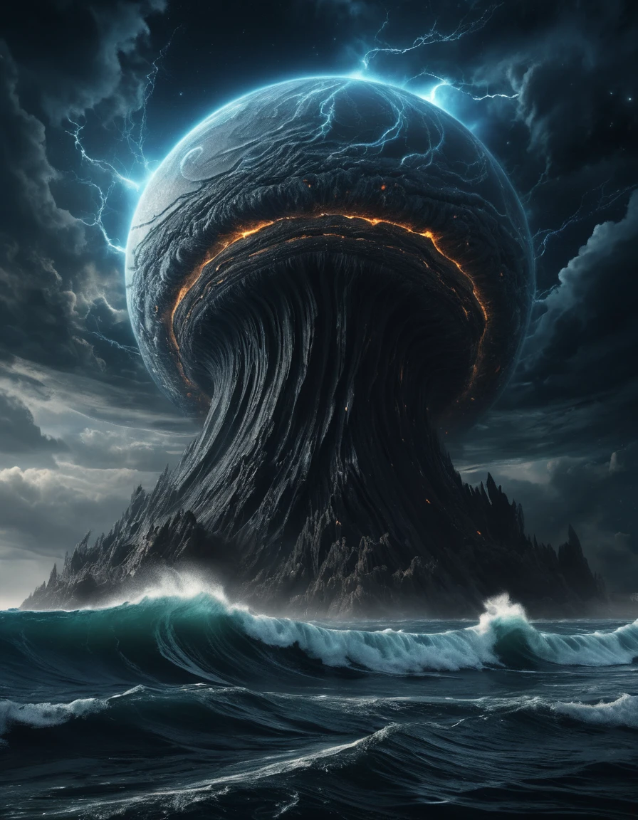 Leviatã marinho interdimensional surgindo de um céu em colapso