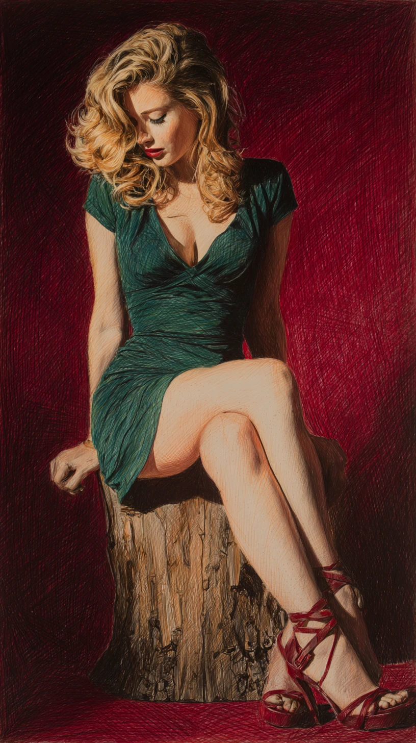 Elegante donna bionda in abito verde su un ceppo di legno