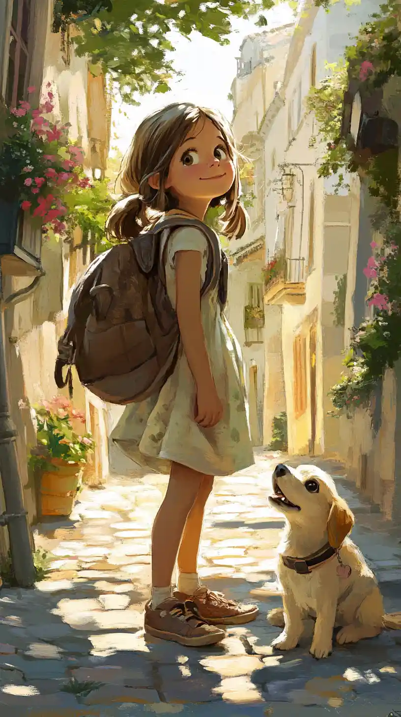 Fille aux pieds nus avec son chien marchant dans une rue pluvieuse