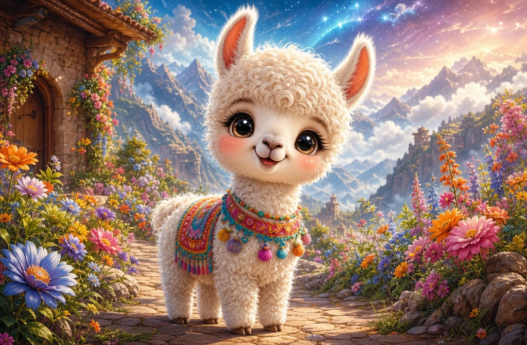 Dolce cucciolo di lama cartoon accanto a fiori vivaci e colorati