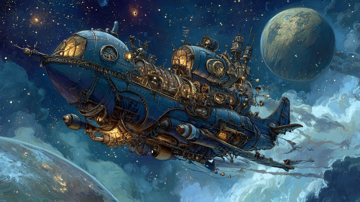 Steampunk-Hexe steuert verziertes Raumschiff durch bunte Galaxie