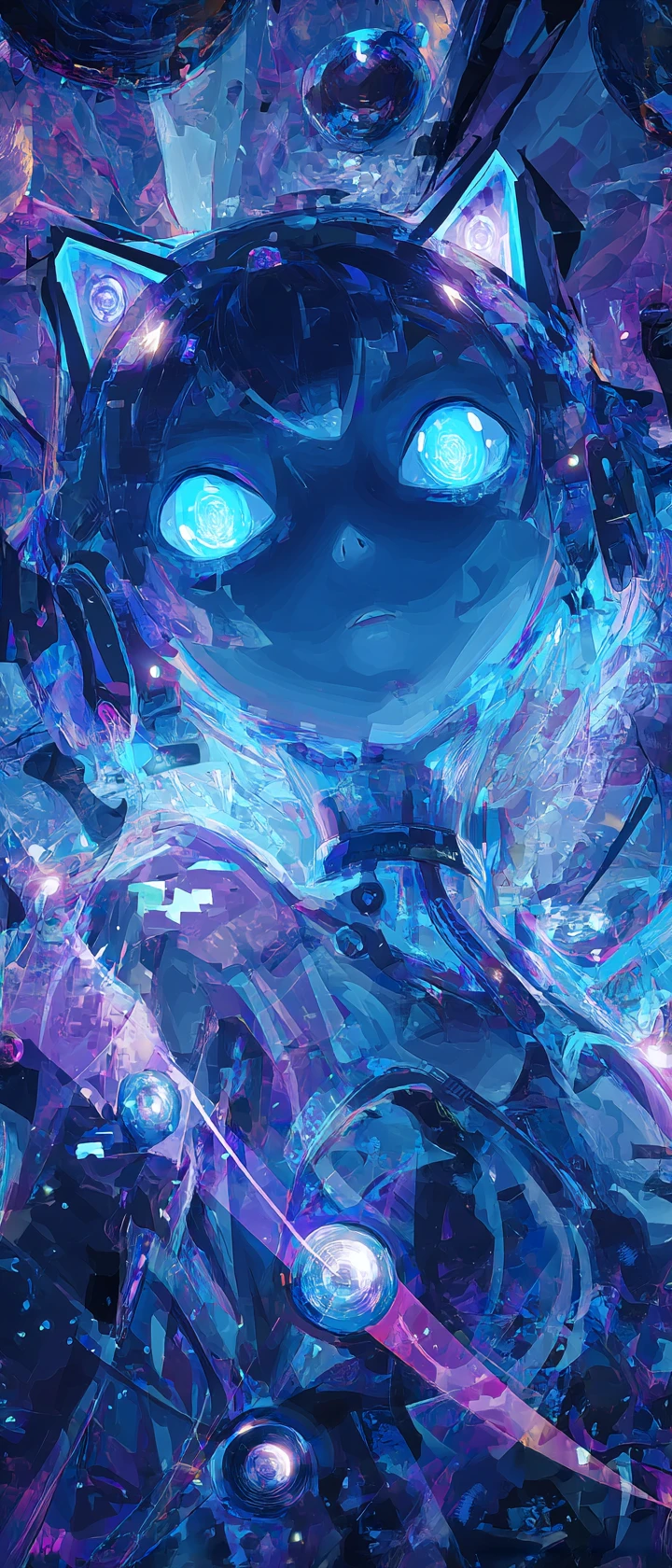 Garota-gato de anime cibernética à deriva em uma nebulosa digital brilhante