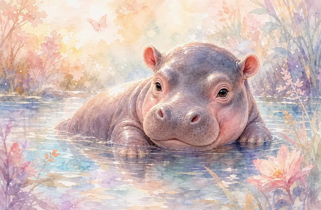 Cute baby hippo resting in sparkling shallow water