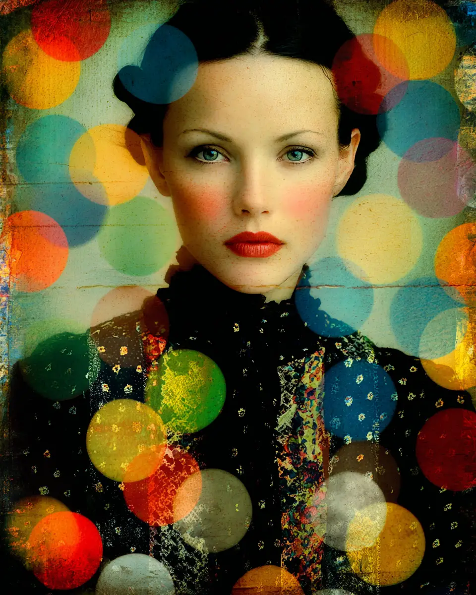 Whimsical mixed media print with colorful bokeh dots