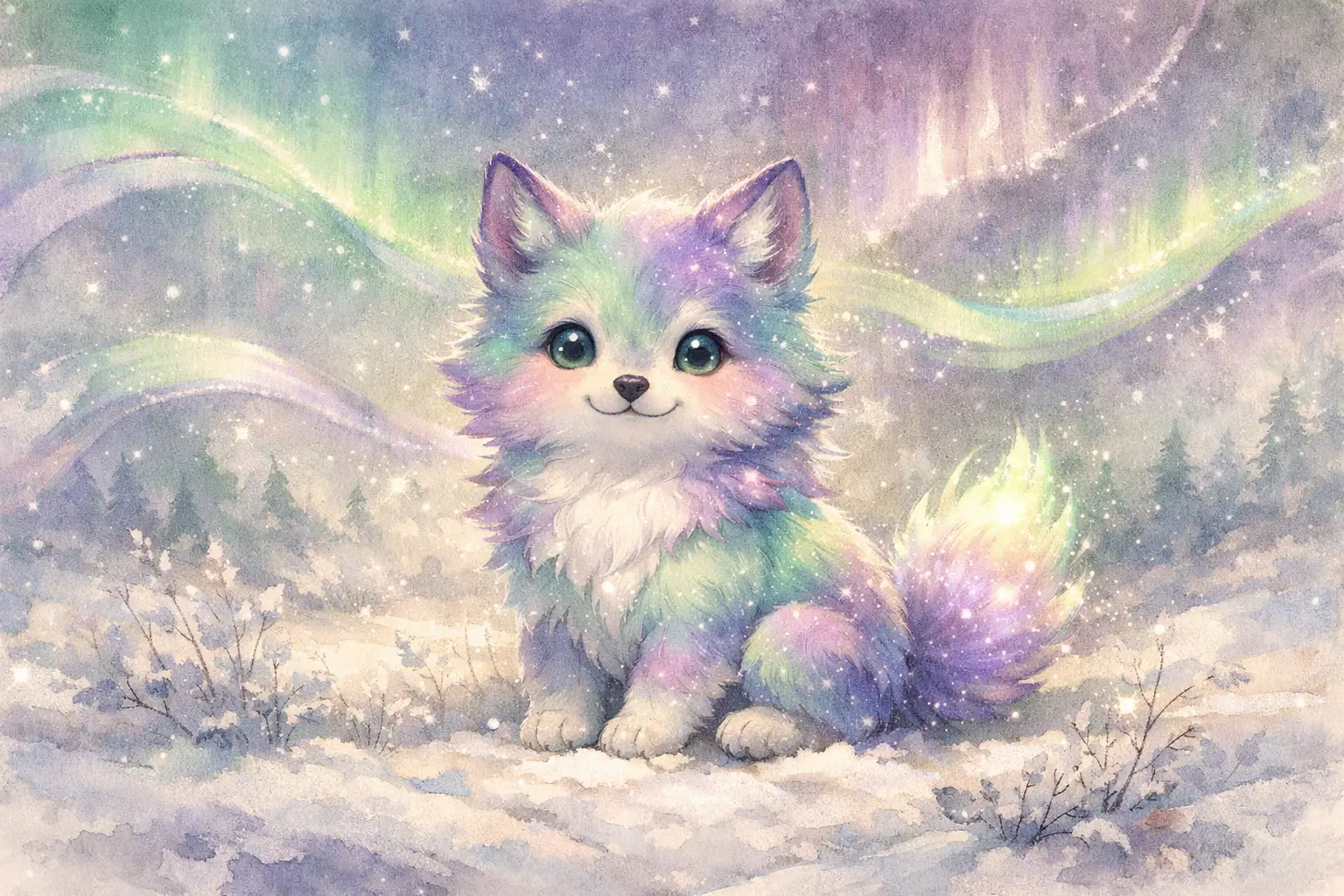 寧靜坐在雪地草原上的小小極光小狗