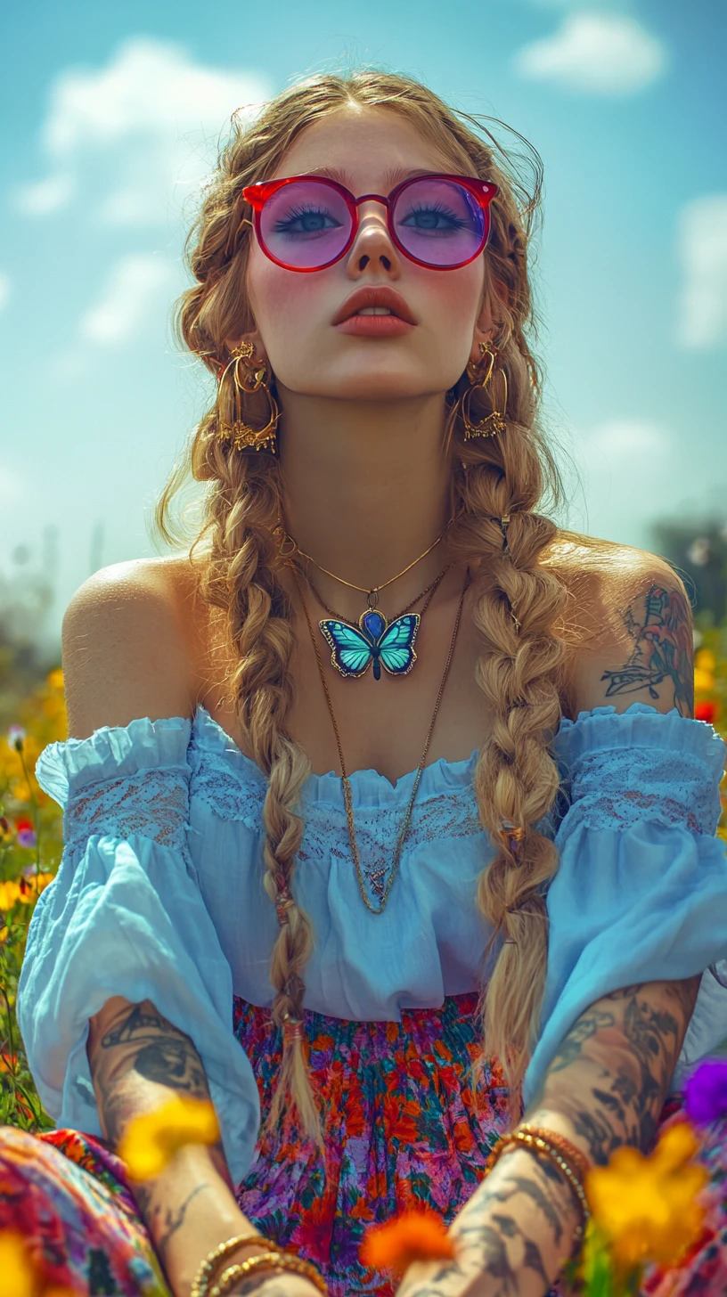 Bohemian girl with tattoos sitting in a wildflower field