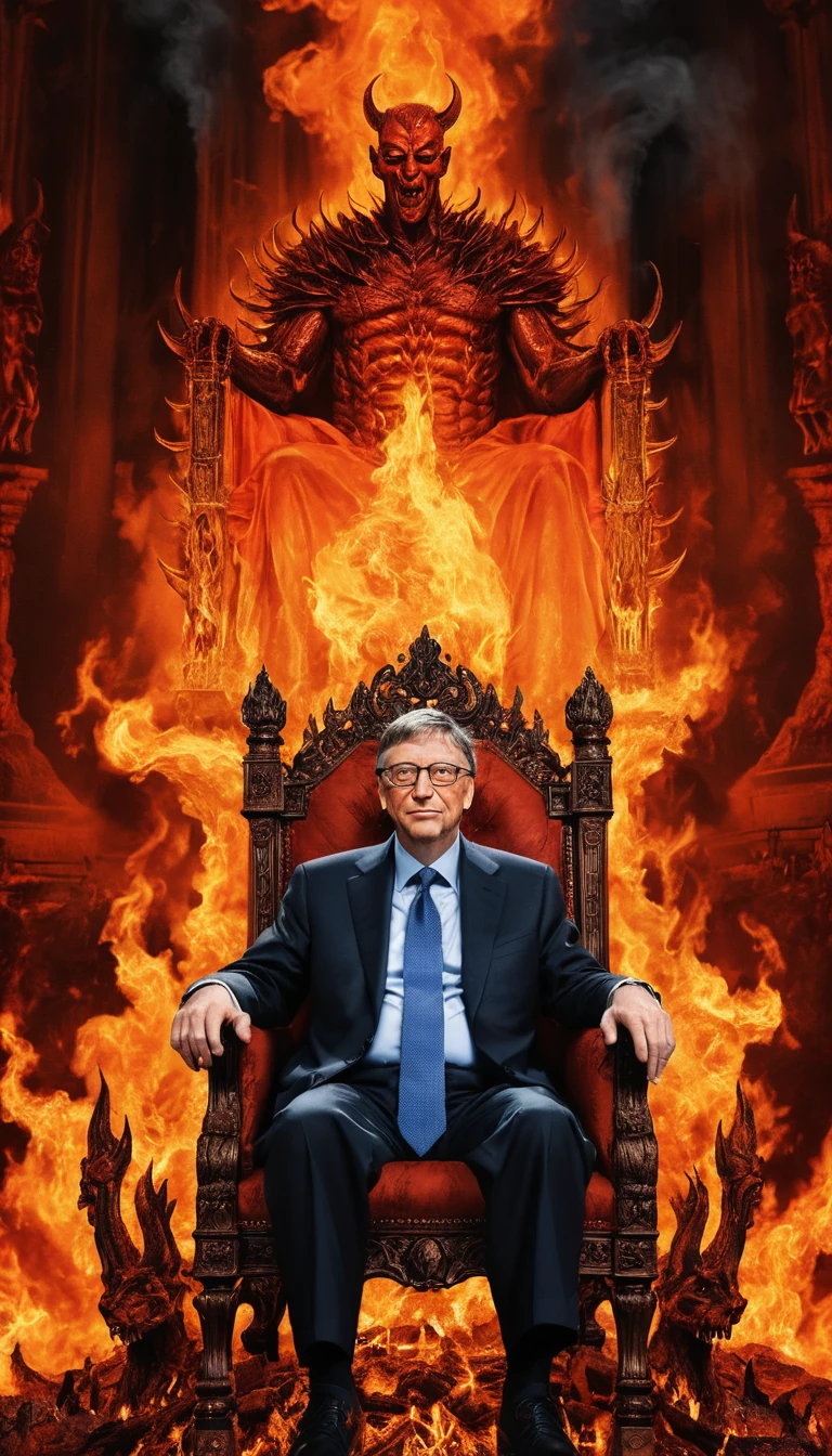 Uomo su un trono di siringhe circondato dalle fiamme all’inferno