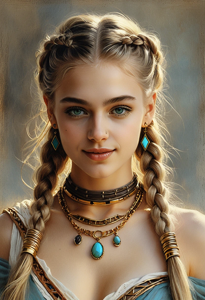 Retrato de una chica rubia con trenzas en luz dramática de claroscuro