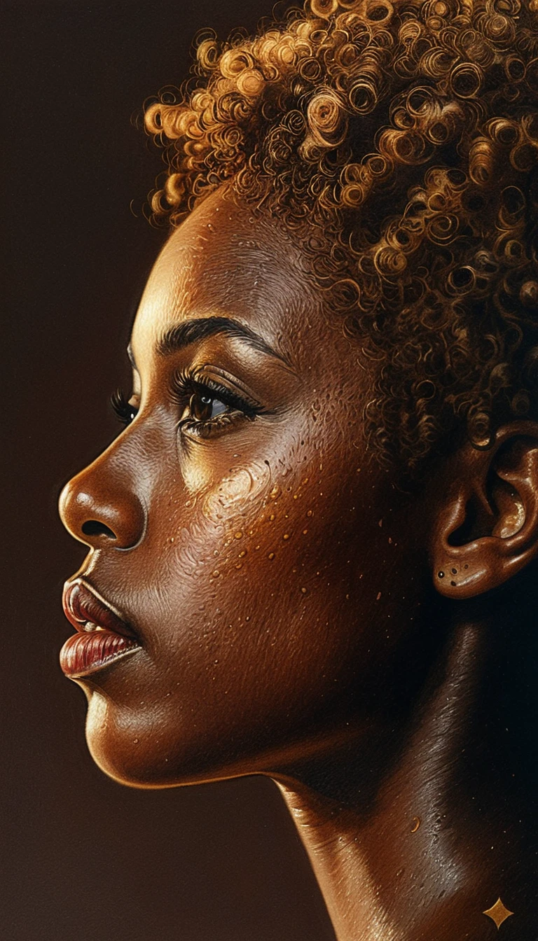 強いキアロスクーロで描かれた若い黒人女性の横顔ポートレート