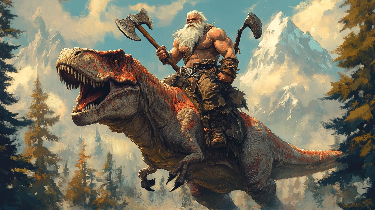 Viejo bárbaro montando un tiranosaurio a través de llanuras boscosas