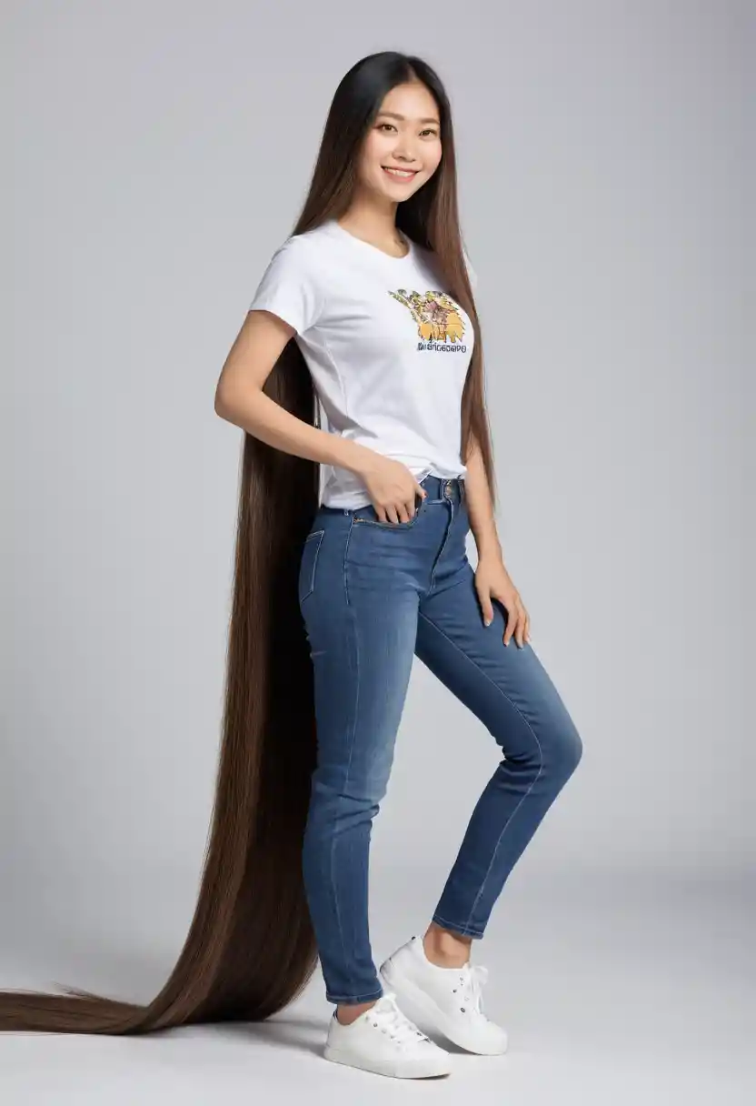 擁有及地絲滑直髮的年輕亞洲女子