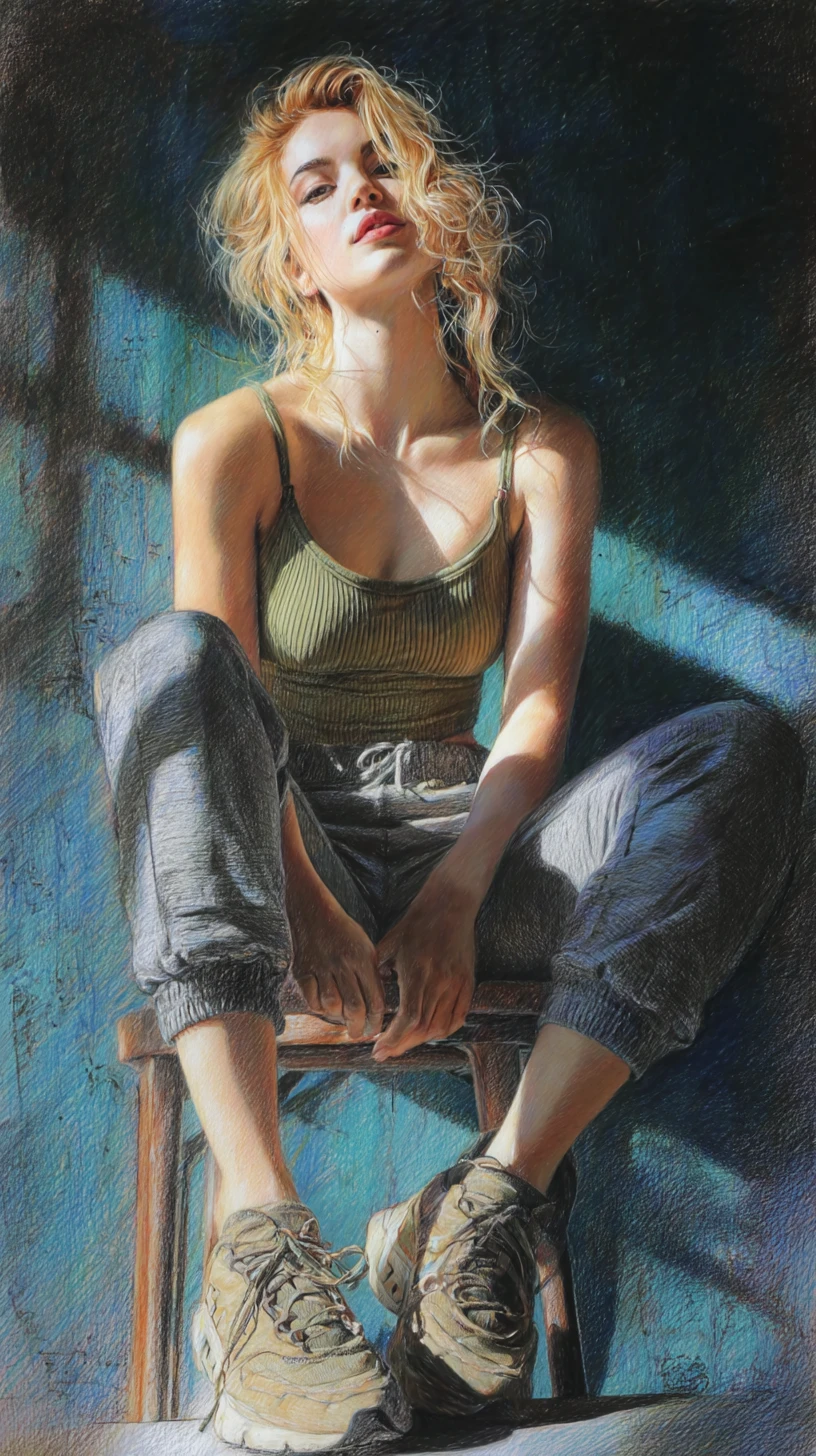 Ritratto di donna bionda reclinata in drammatico disegno a matite colorate