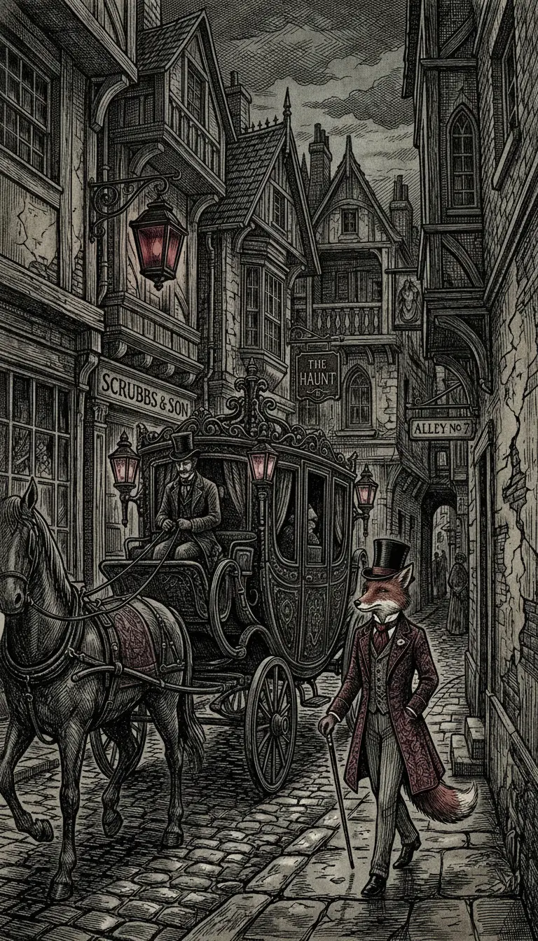 Anthropomorpher Fuchsdandy in einer geheimnisvollen Tinten-Gasse