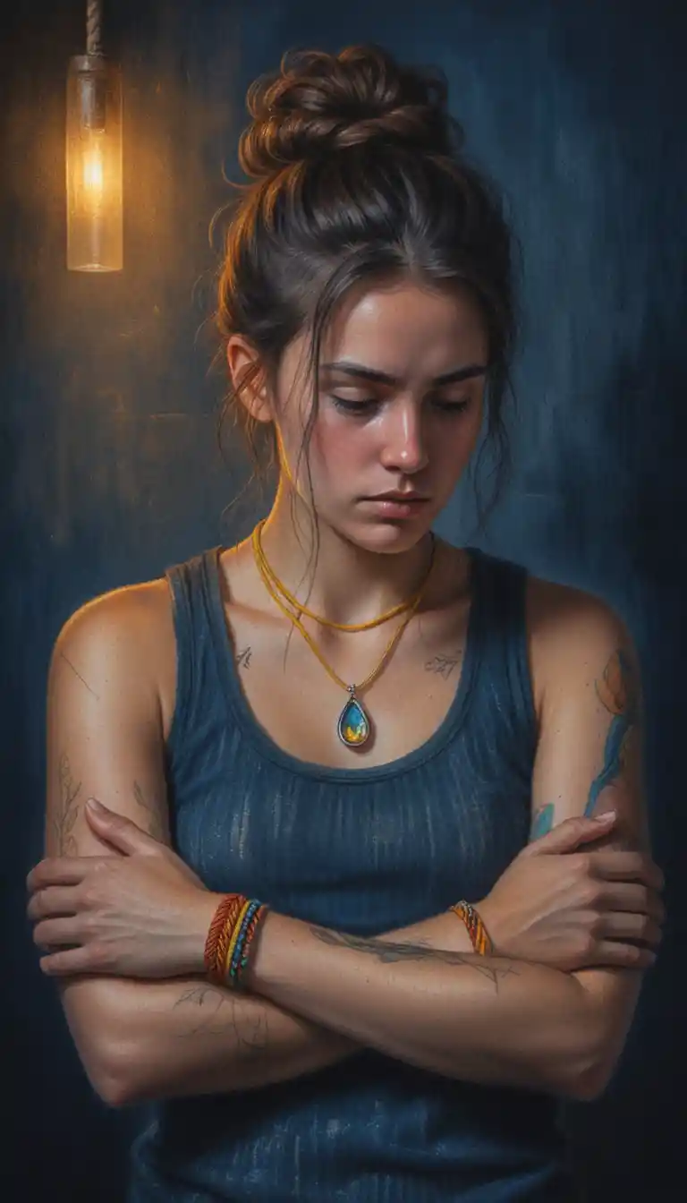 Portrait d’une fille contemplative éclairée par un pendentif d’ambre lumineux