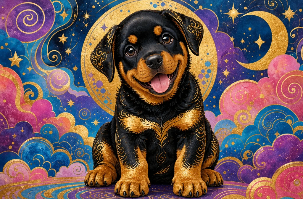 Ilustração divertida de filhote de rottweiler com detalhes em folha de ouro