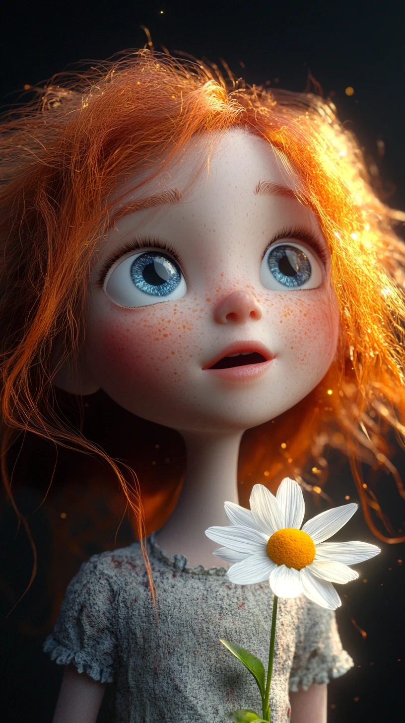 Sommer­sprossiges Mädchen mit leuchtend blauen Augen, das ein Gänseblümchen hält