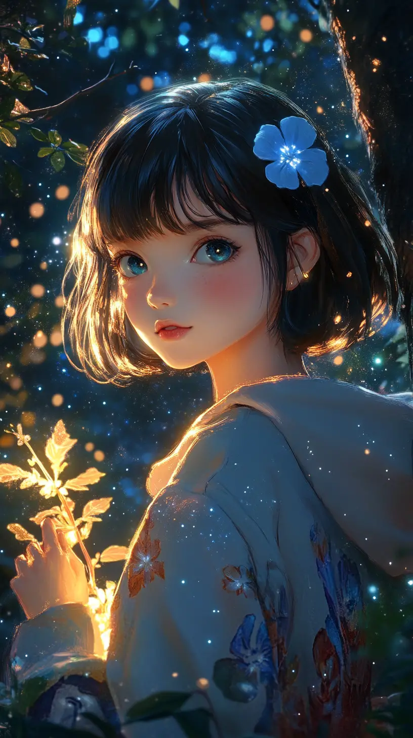 Ragazza anime con pianta luminosa in una foresta magica notturna