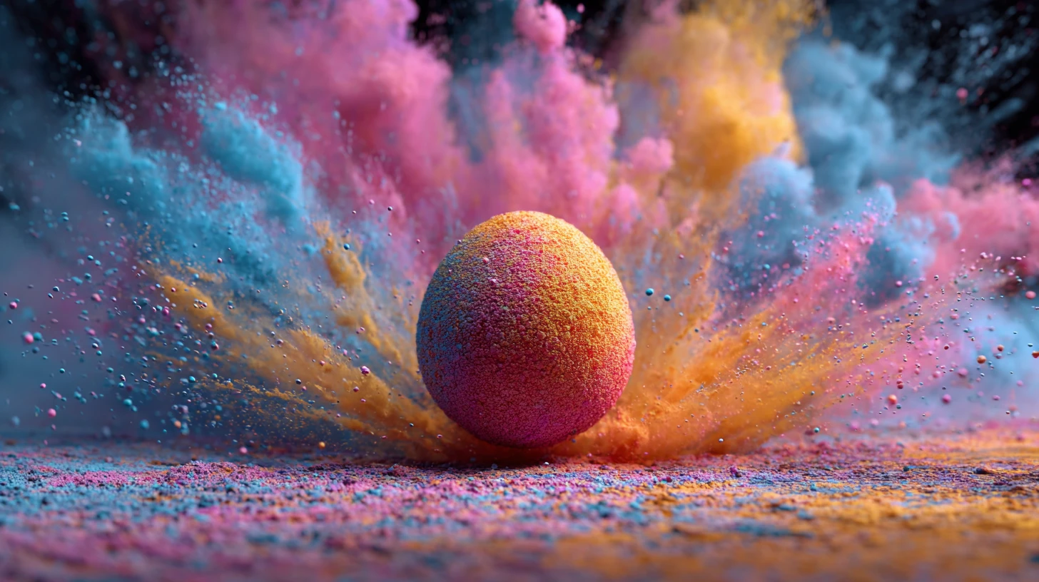 Œuf coloré explosant dans des nuages de poudre tourbillonnants