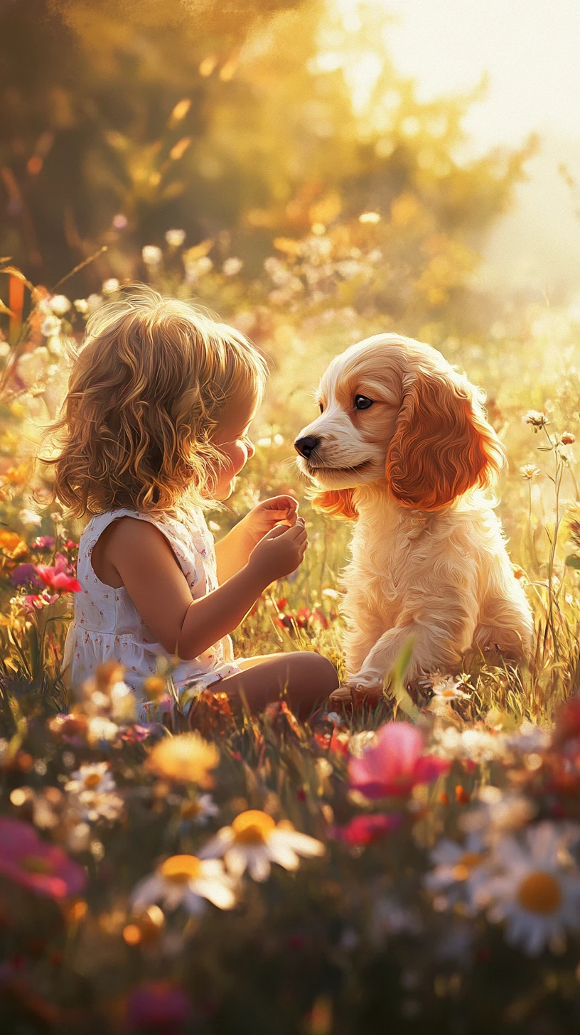 Criança pequena e spaniel sentados em um prado florido ao sol