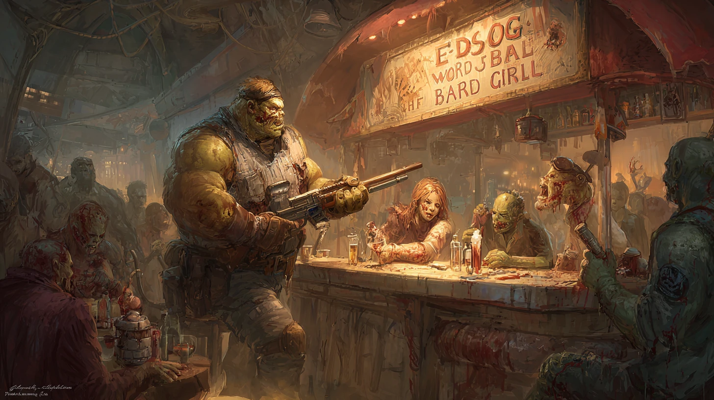 Cena de bar pós-apocalíptico com zumbis e mutantes bebendo