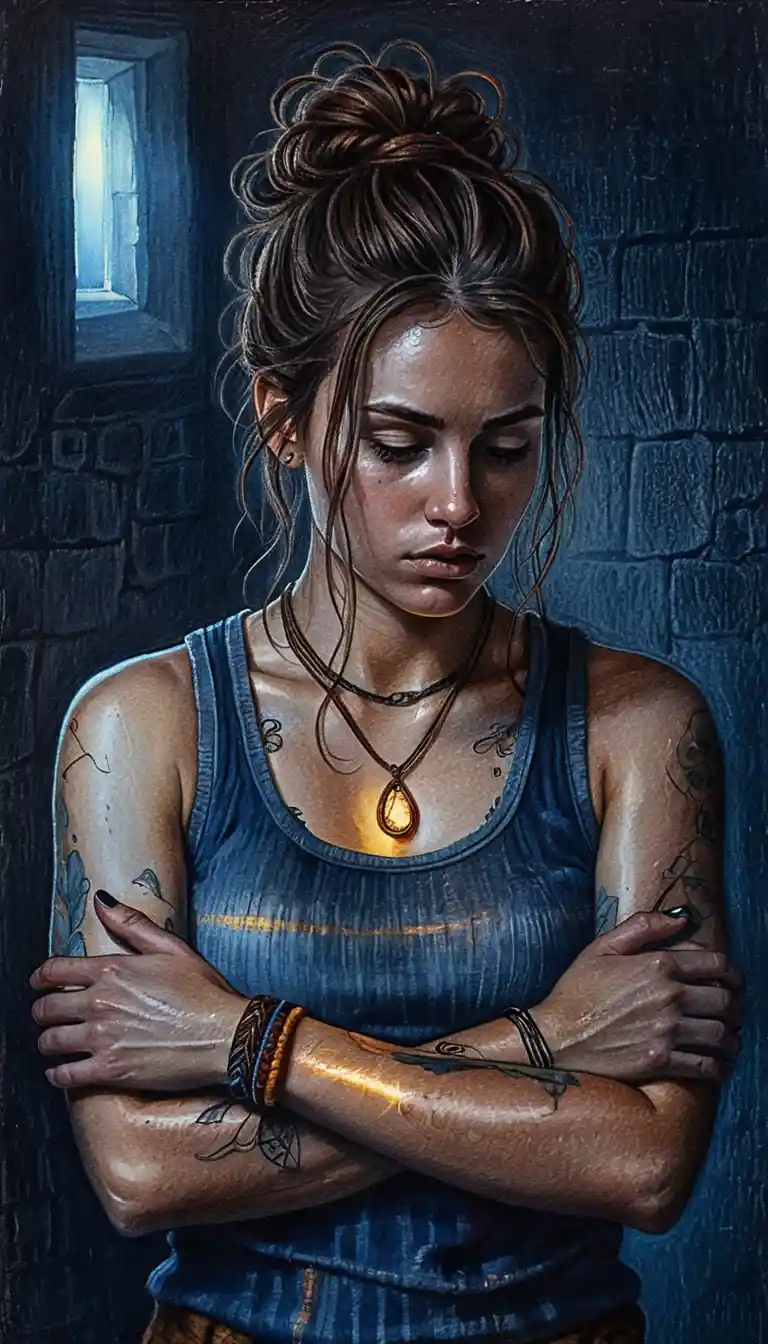 Mujer introspectiva con colgante brillante en habitación sombreada