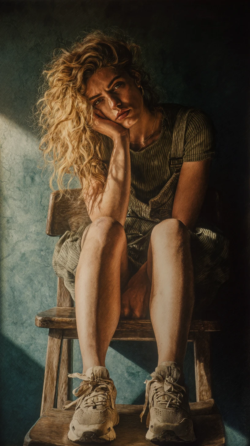 Relaxed blonde woman in colored pencil full body portrait