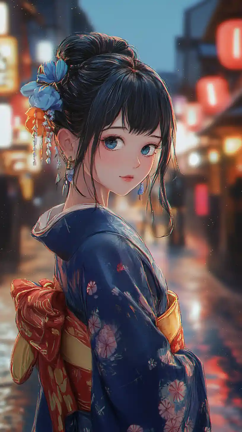 Stilvolle Anime-Frau im floralen Kimono auf neonbeleuchteter Straße