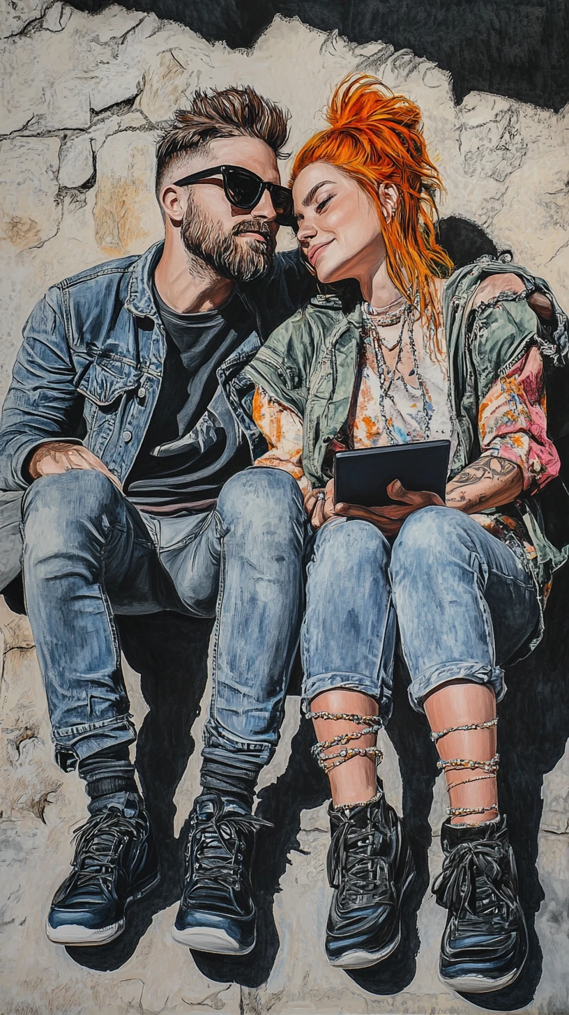 Casal carinhoso em degraus de pedra em desenho a lápis de cor