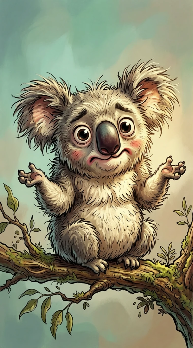 Fofo coala em desenho animado dando de ombros com iluminação chiaroscuro marcante