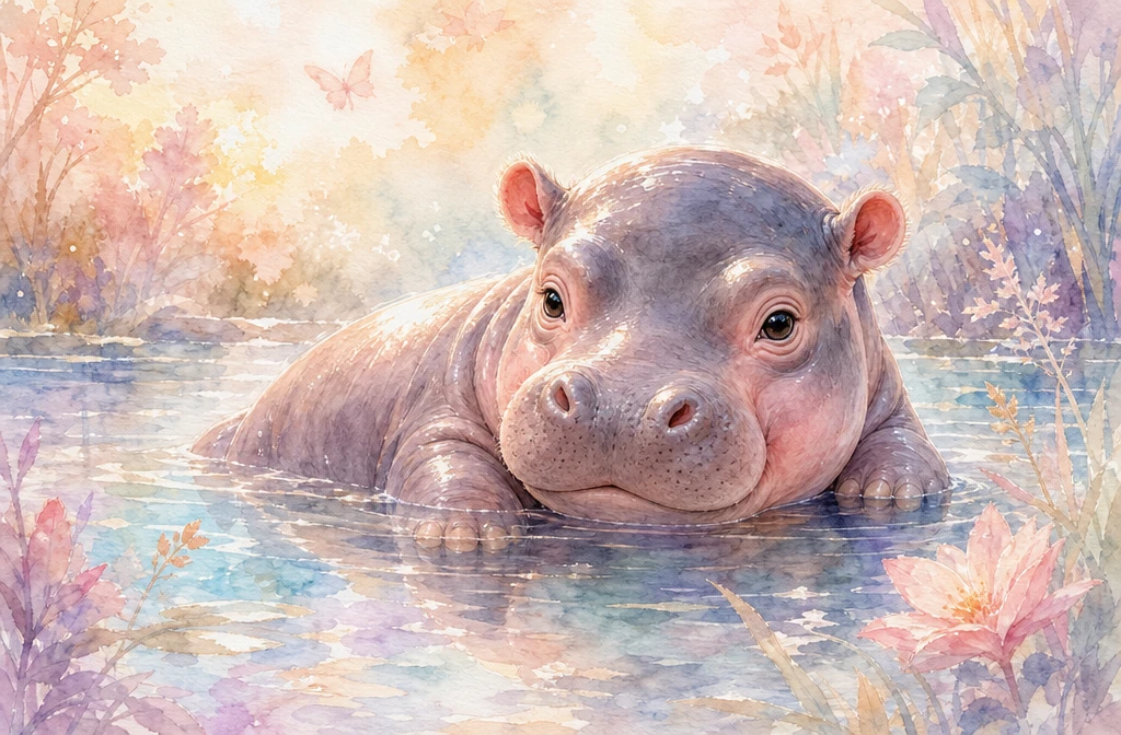 Adorable bébé hippopotame se reposant dans une eau peu profonde et scintillante