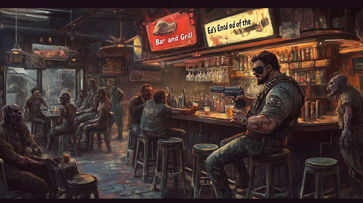 Bar post-apocalyptique avec des zombies profitant de leurs verres ensemble
