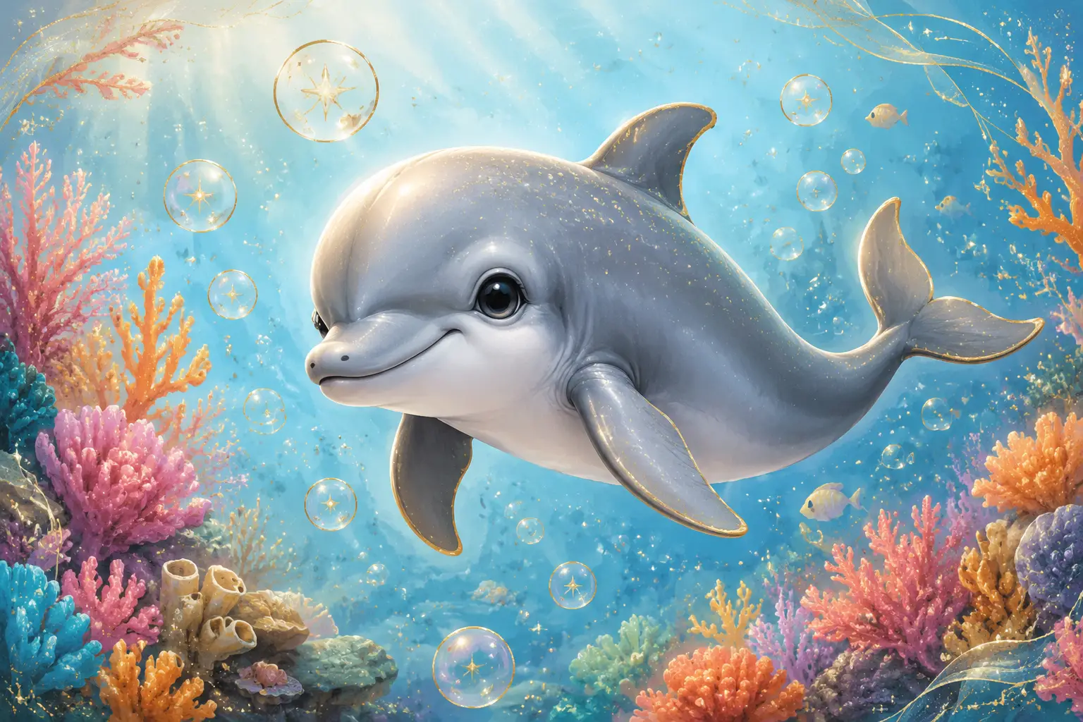 明るいサンゴ礁のかわいい赤ちゃんイルカイラスト