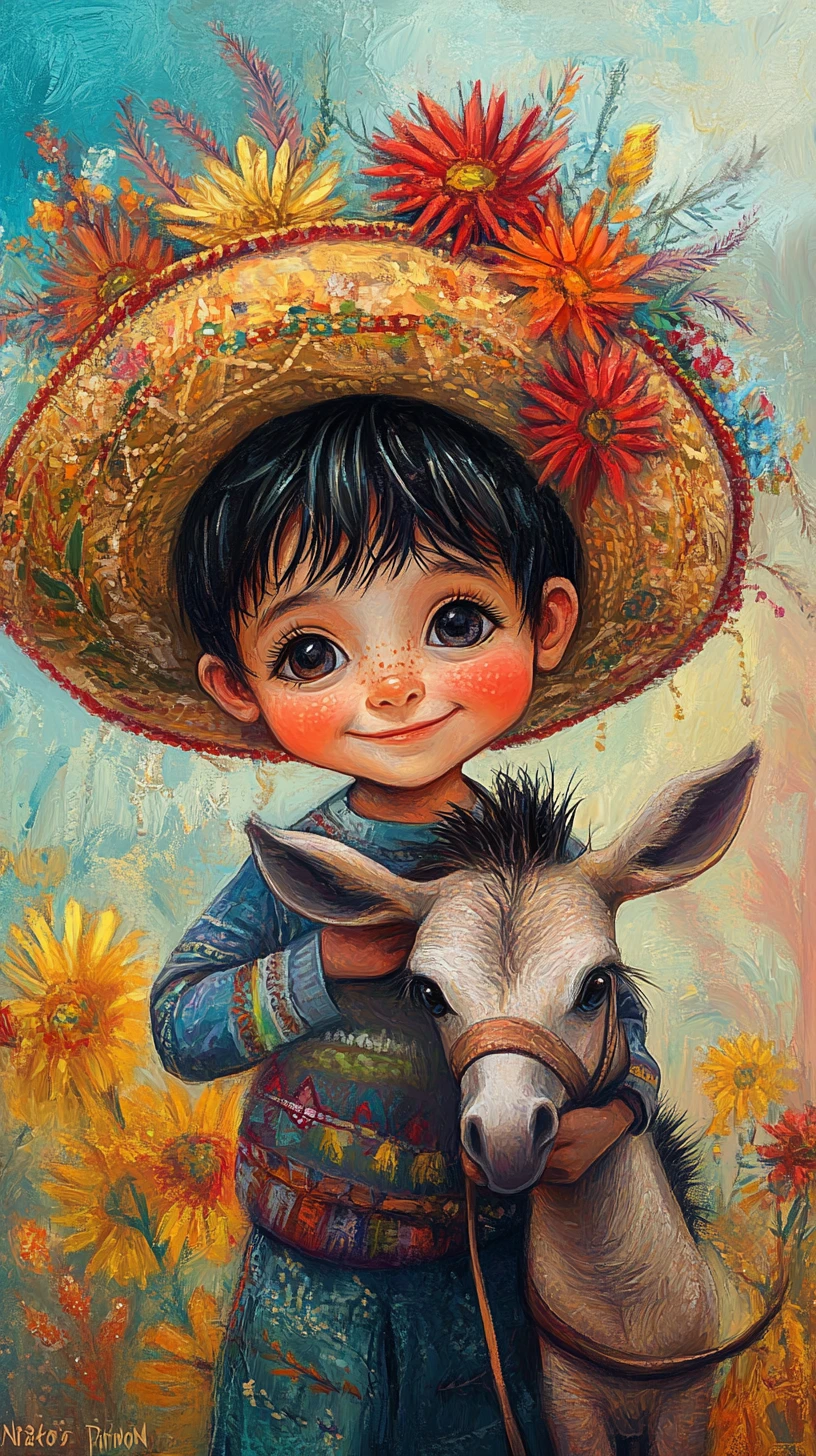 Menino mexicano feliz em pé com um filhote de burro ao ar livre