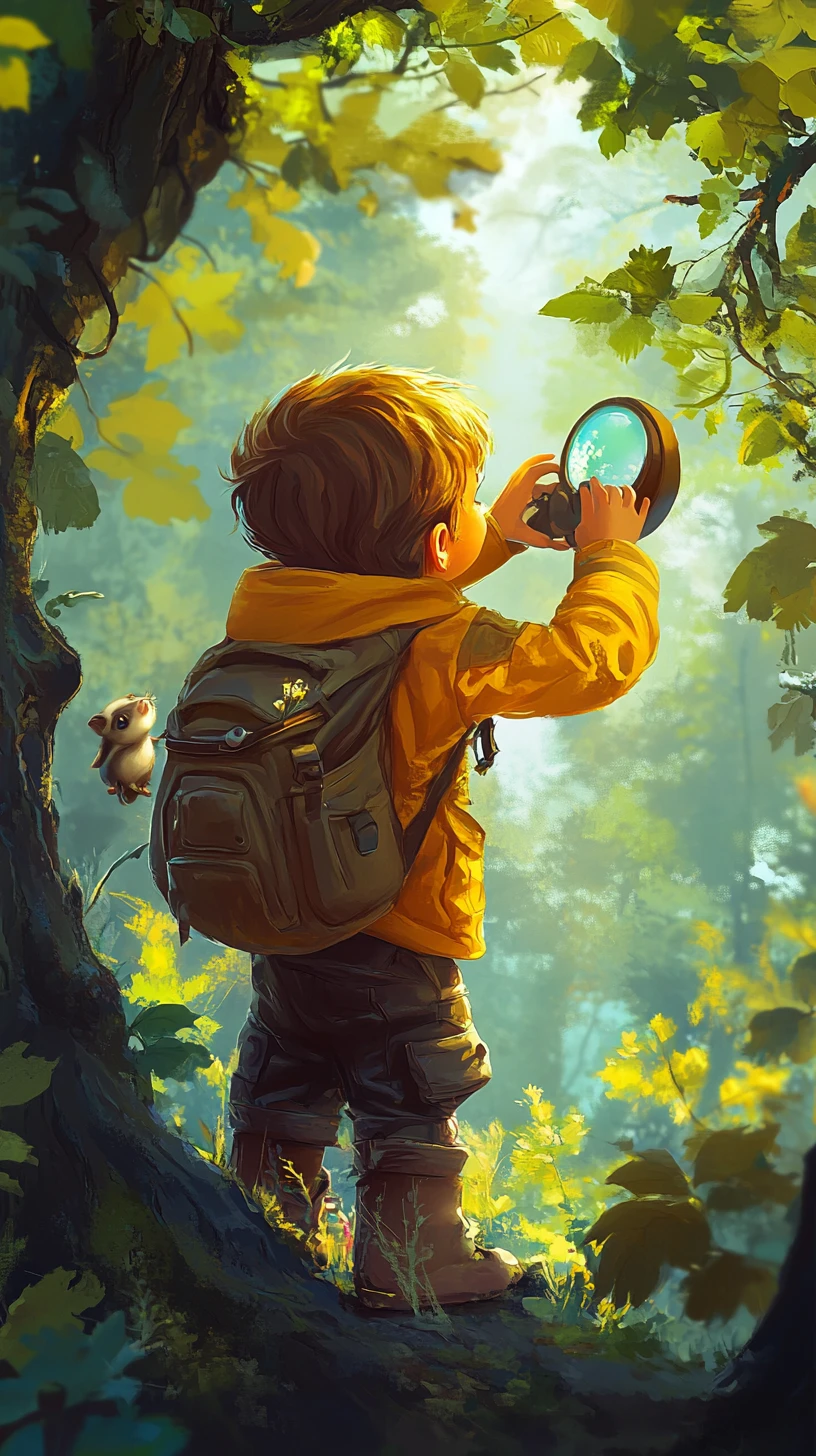 Joven explorador observando a un mono en la copa de la jungla