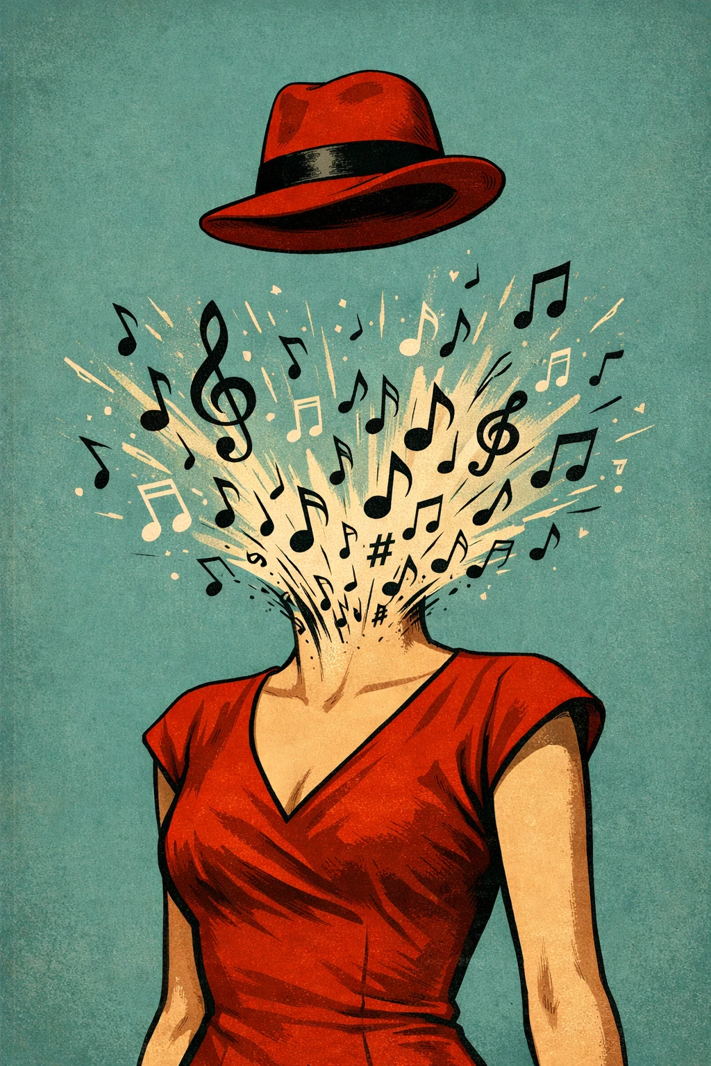 Mulher surreal sem rosto em vestido vermelho com cabeça musical