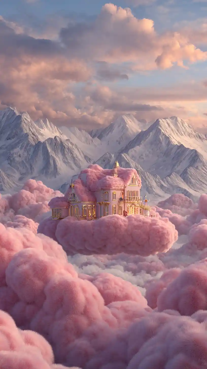 Surreal Pink Cloud House Floating In A Mountain Sky