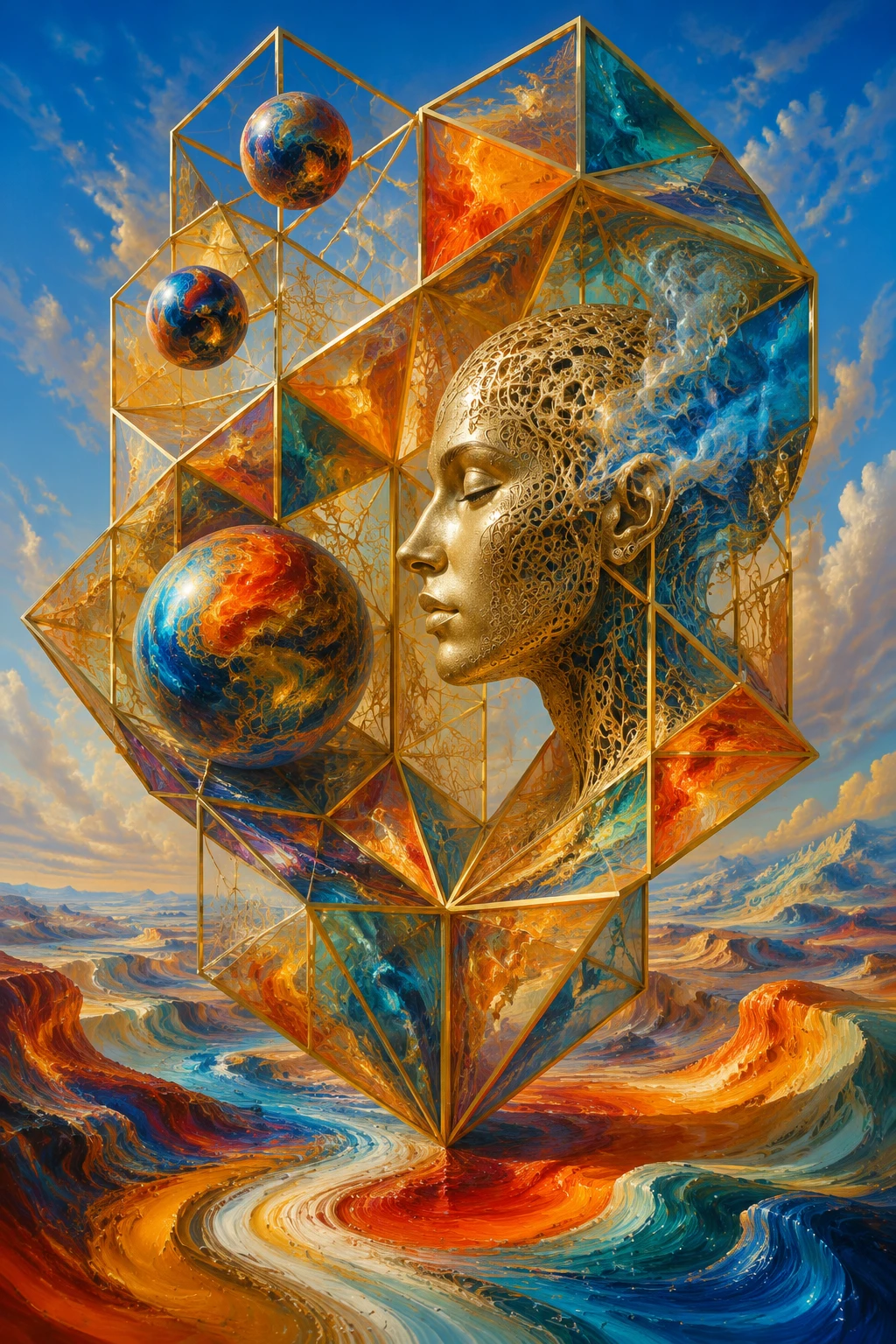 Geometría dorada surreal sobre un paisaje multicolor fluido