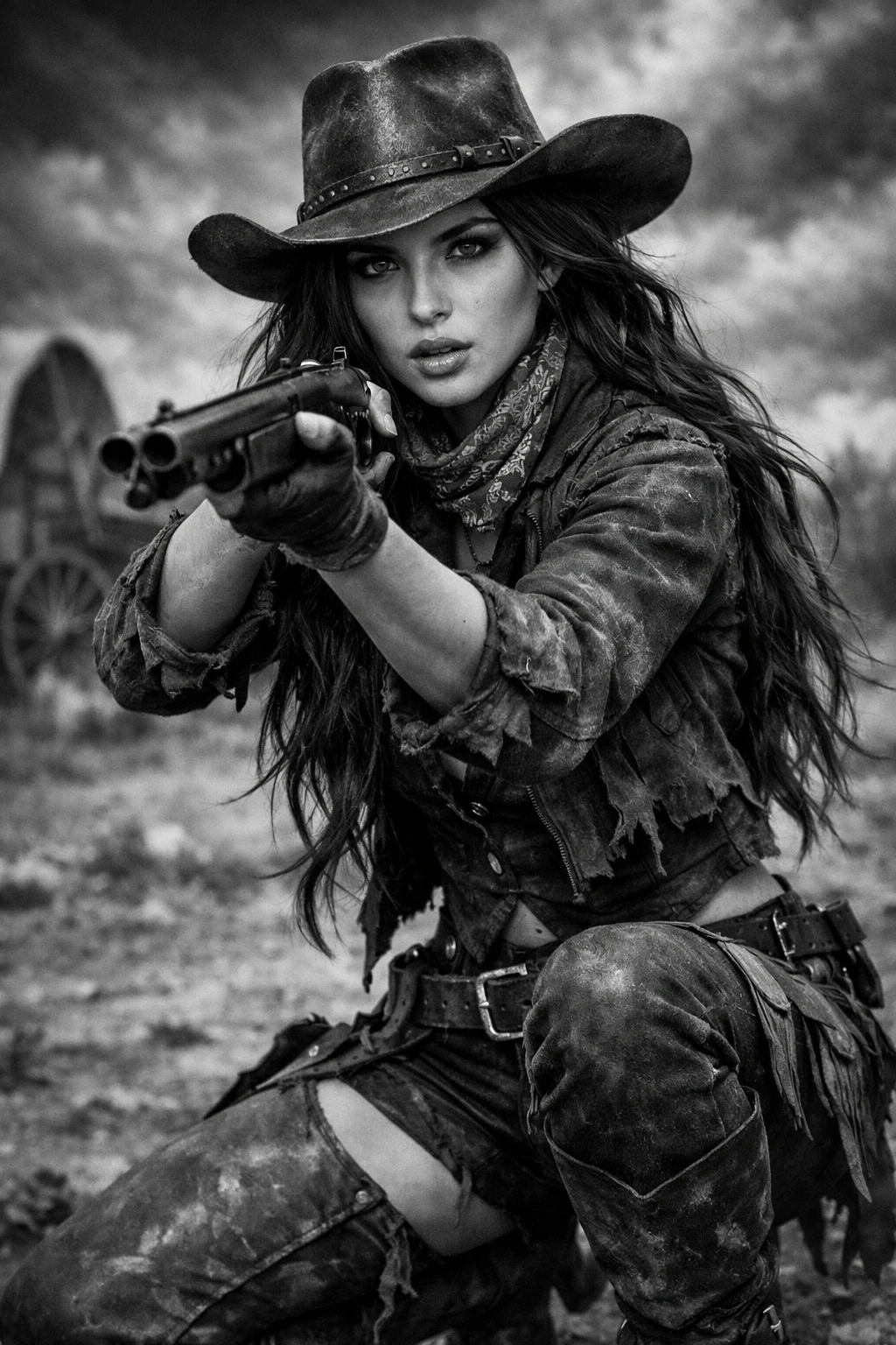 Jeune cow-girl visant avec un fusil dans une scène de frontière dramatique