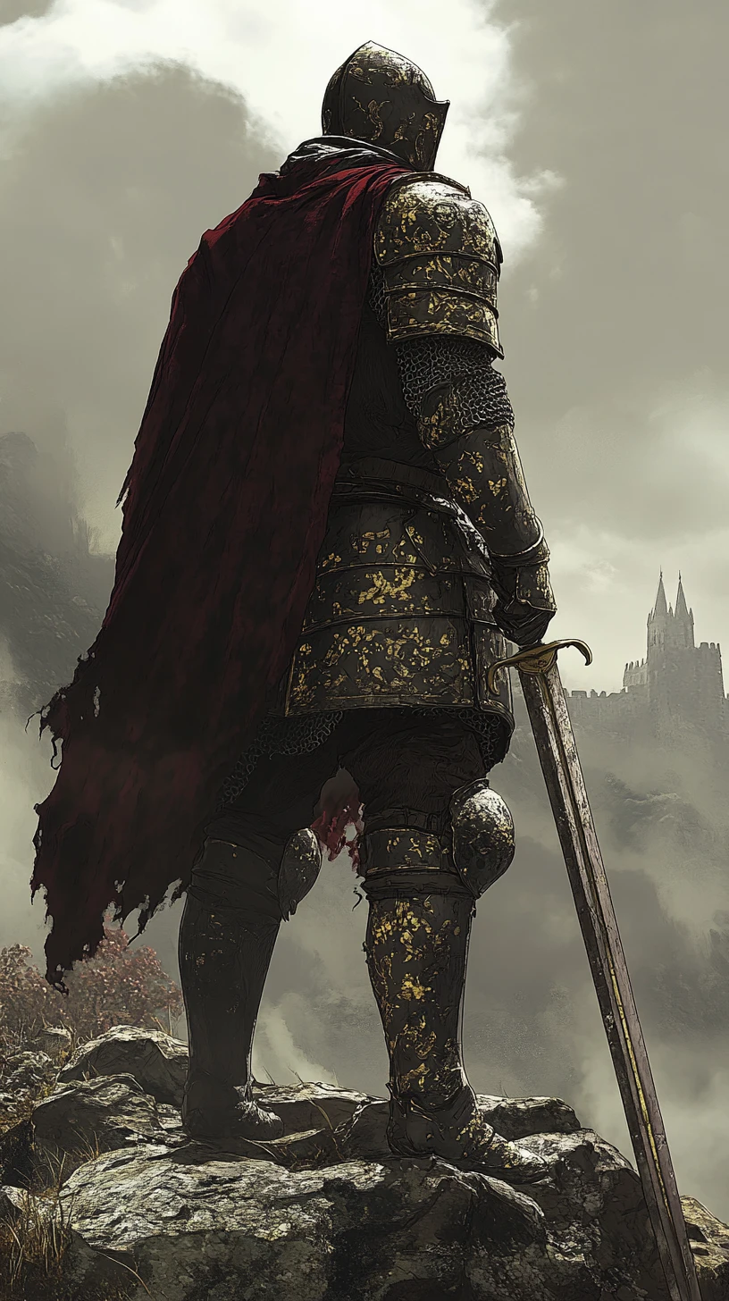 Chevalier médiéval solitaire surplombant un lointain château gothique