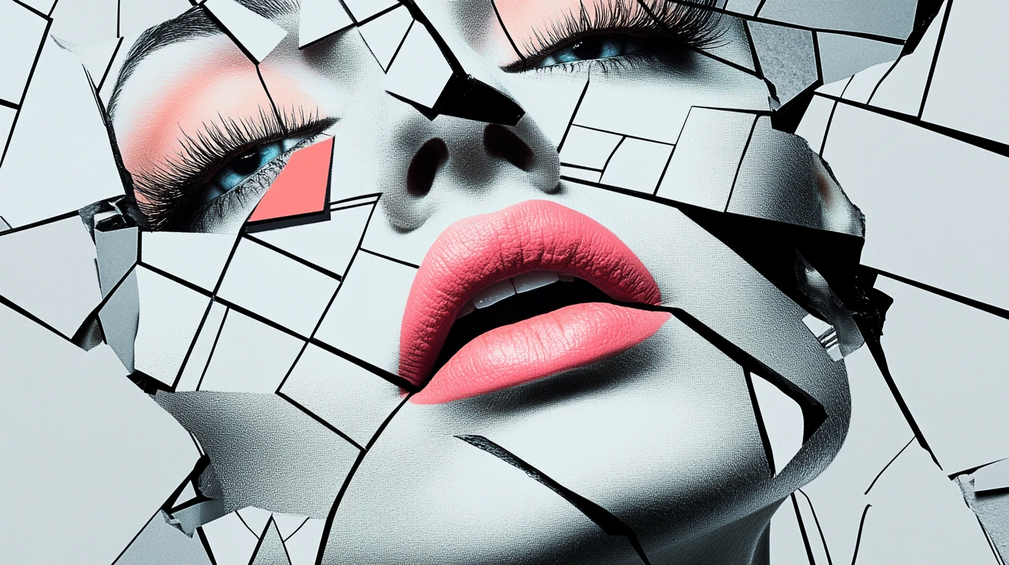 Surreal fragmented woman portrait with shattered geometric face