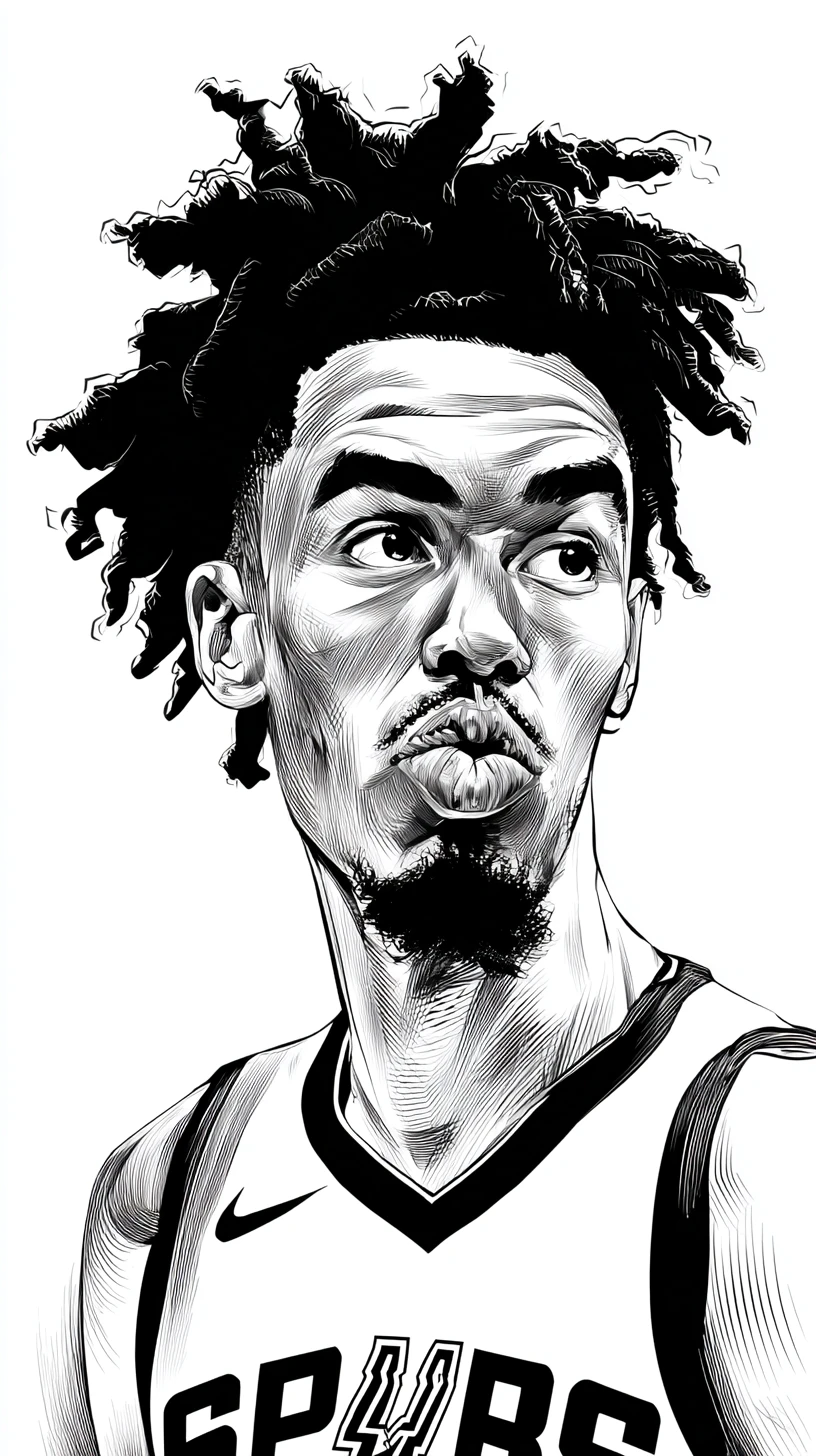 Caricature ink illustration of a basketball player in black and white