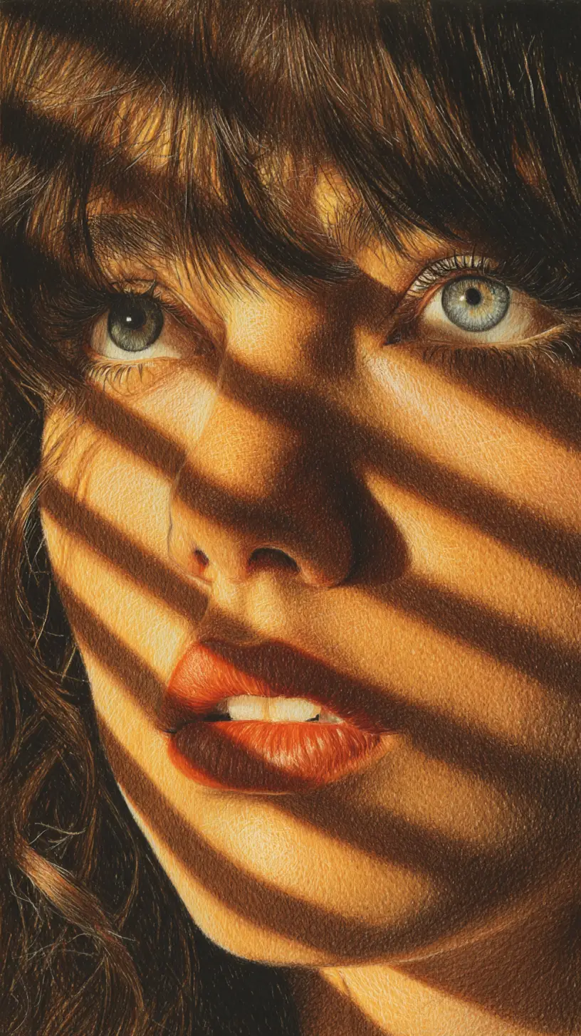 Portrait en gros plan au crayon de couleur avec lumière de fenêtre rayée