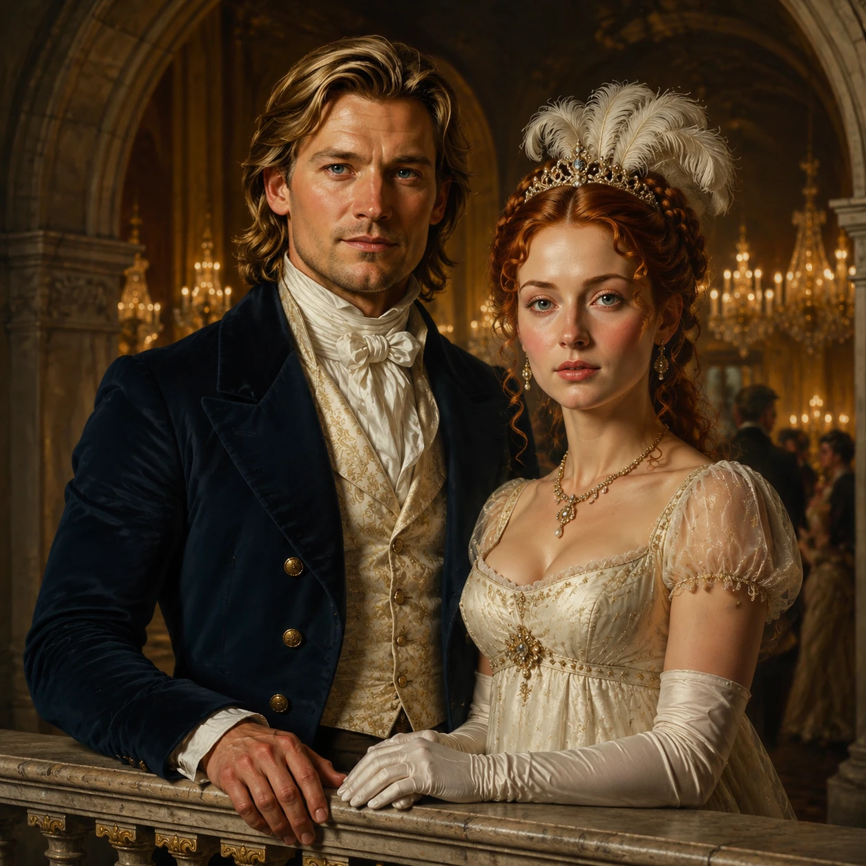 Élégant couple de l’époque Régence sur un balcon en marbre