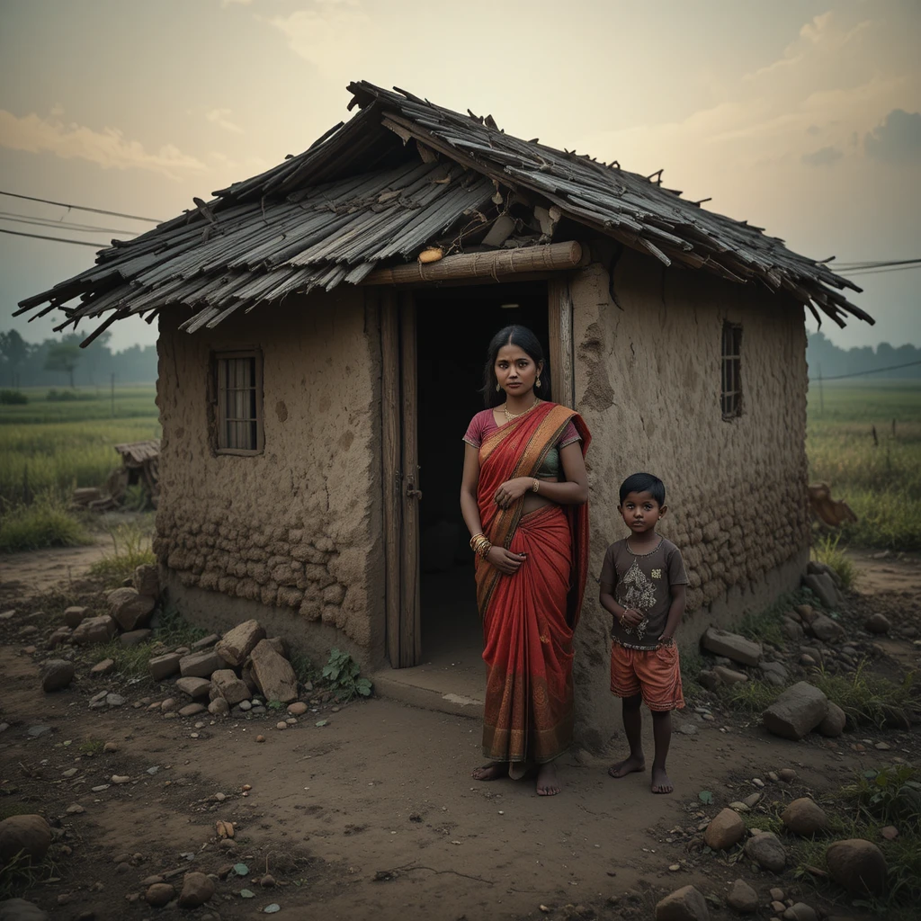Madre viuda y hijo pequeño frente a una casa de barro en la India rural