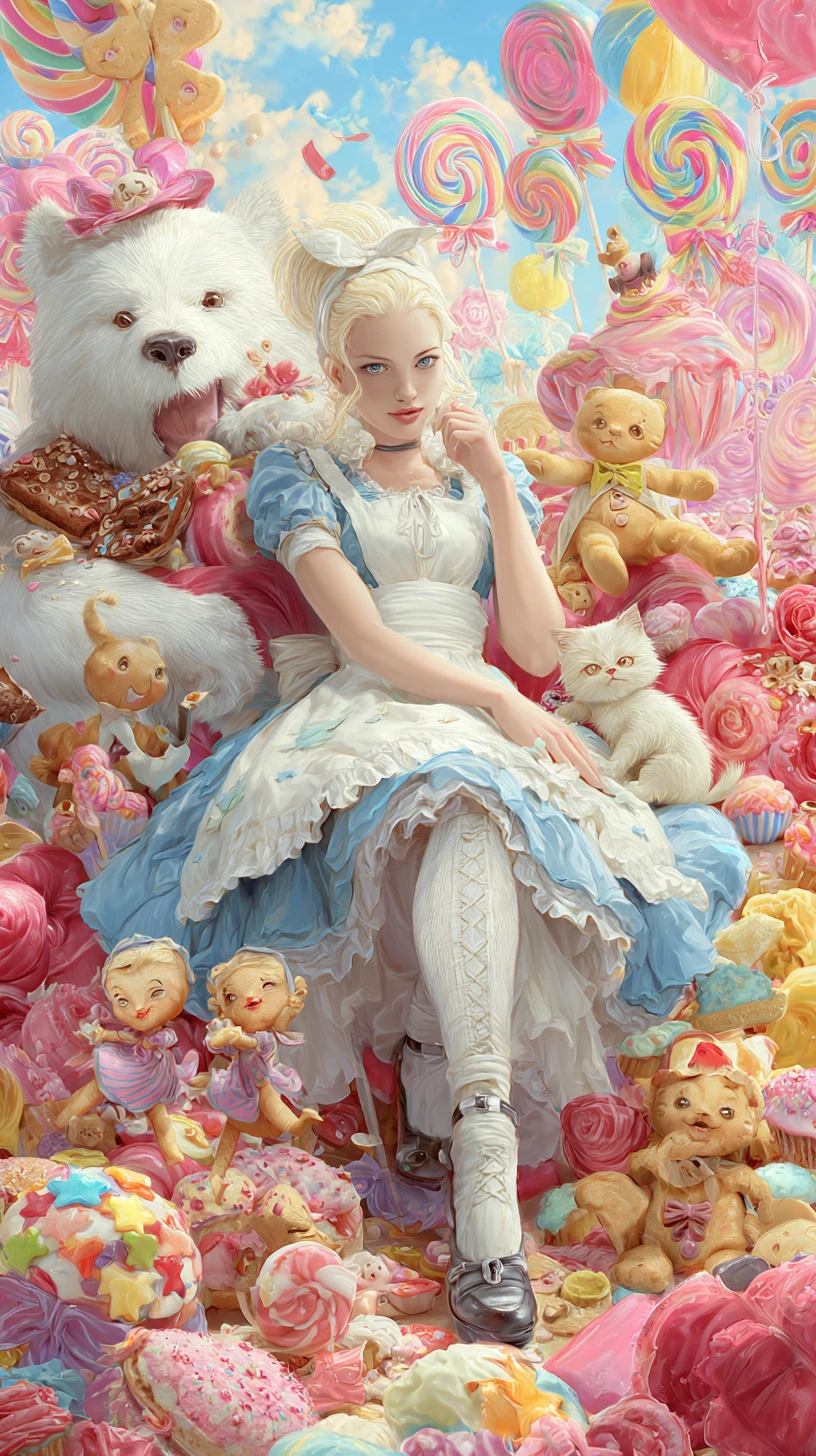 Menina em um mundo mágico de doces com amigos animais fofos