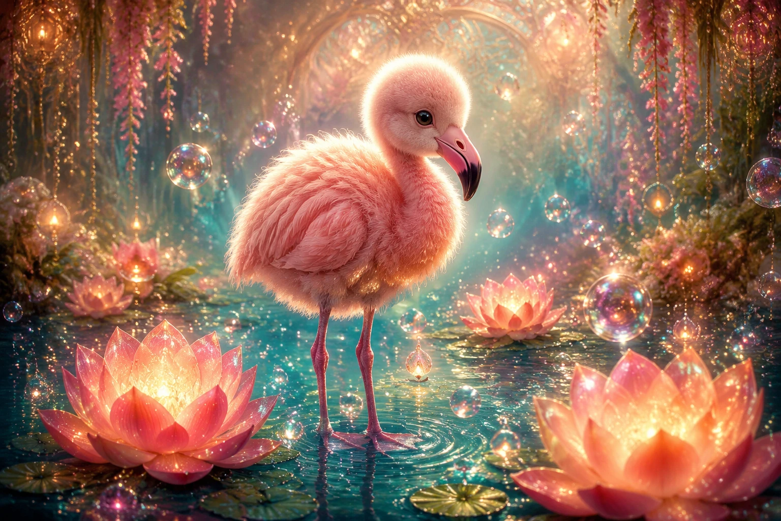 Adorável filhote de flamingo em jardim aquático de fantasia brilhante