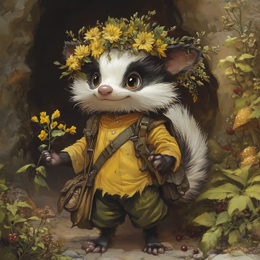 Whimsical Skunk Creature Offering A Yellow Rose