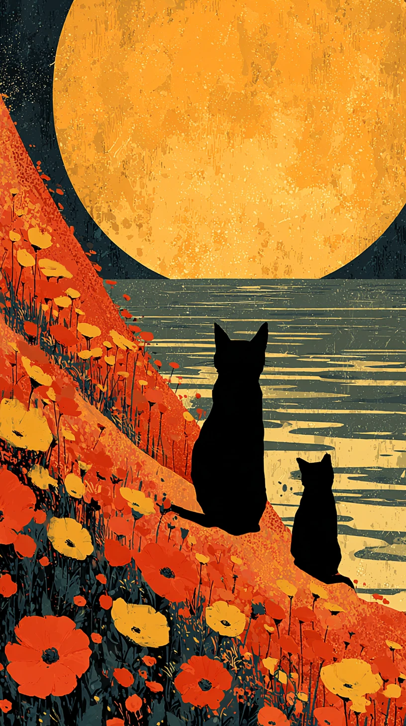 Due gatti che osservano una luna gigantesca sul mare