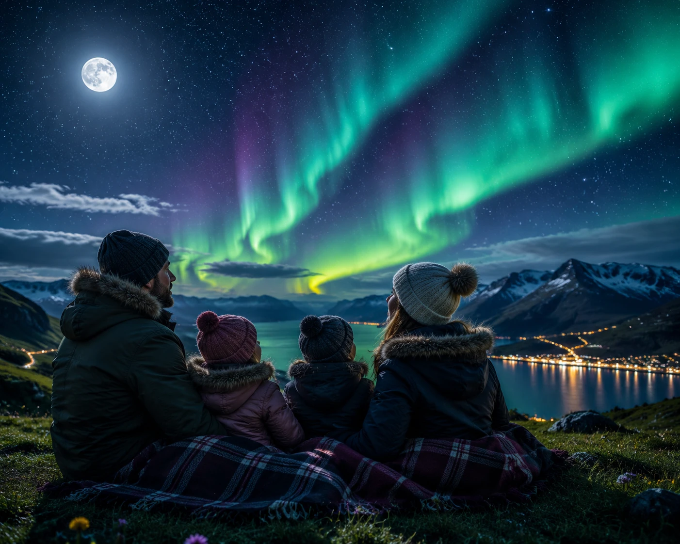 Família observando a aurora boreal em uma colina iluminada pela lua