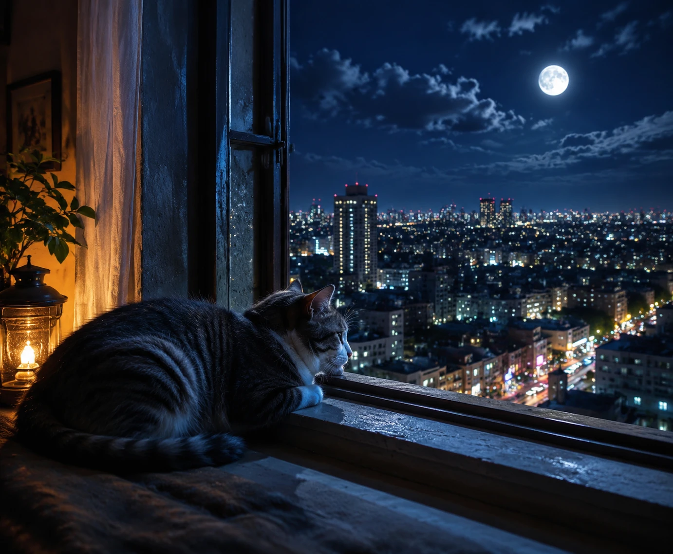 Gato descansando em um parapeito à luz do luar acima da cidade silenciosa